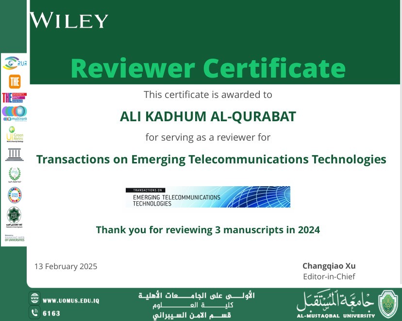 منح شهادة تقديرية للأستاذ المساعد الدكتور علي كاظم الغرابي لجهوده في تحكيم الأبحاث العلمية