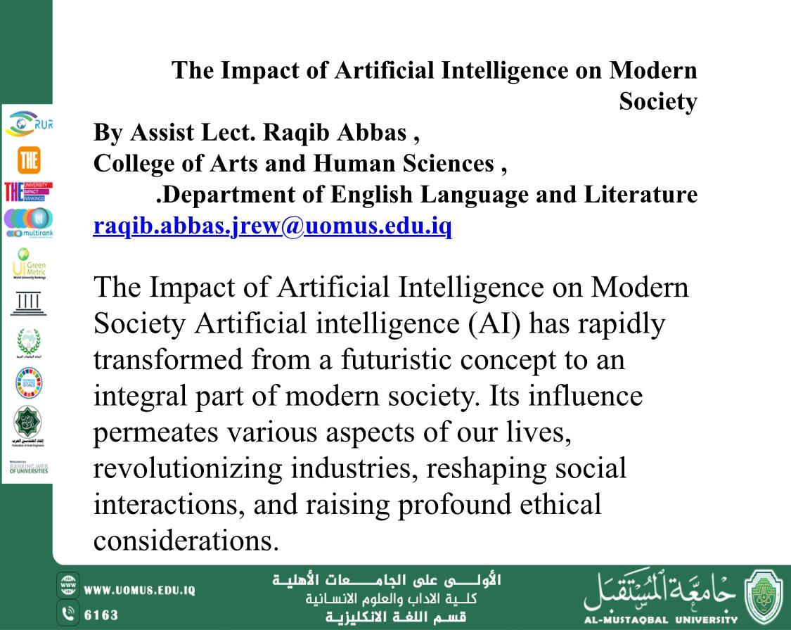 التدريسي راقب عباس ينشر مقالا علميا في مجال الذكاء الاصطناعي 