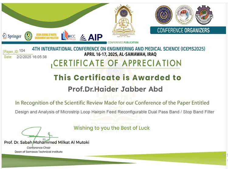 "Selection of the Head of the Department of Telecommunications Engineering at Al-Mustaqbal University as a Scientific Reviewer"