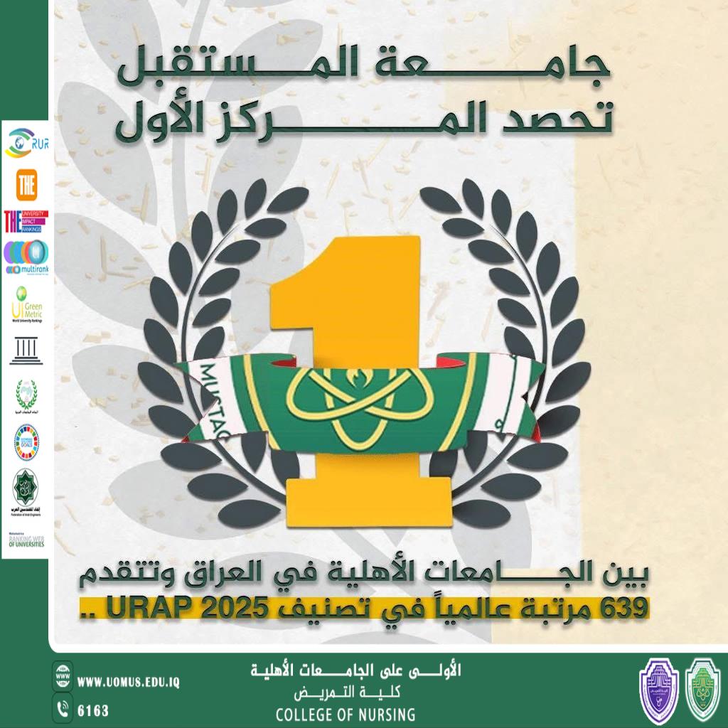 (جامعة المستقبل تحرز المرتبة الاولى بين الجامعات الأهلية في العراق وتتقدم 639 مرتبة عالميًا في تصنيف URAP 2025 ..)