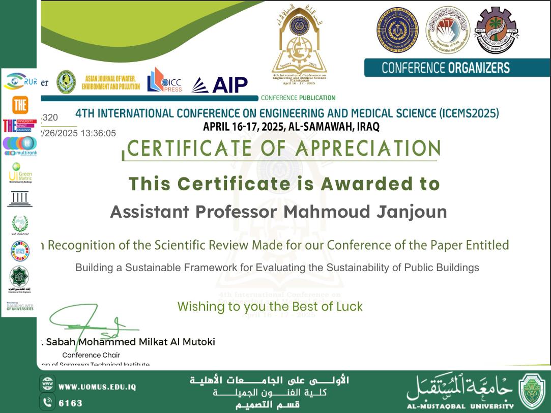 Head of the Design Assistant Professor Dr. Mahmoud Rezooky Janjun Al-Abbasi Receives Certificate of Appreciation for Scientific Contribution in Evaluating Public Buildings’ Sustainability