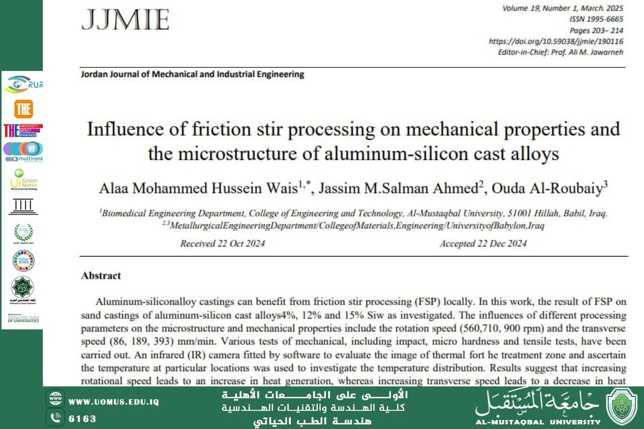 نشر  بحث علمي للتدريسي في قسم هندسة الطب الحياتي م.د.علاء محمد حسين ويس “