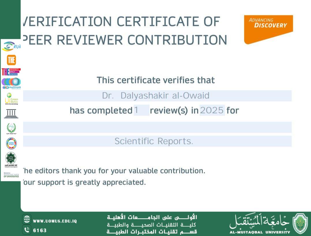 مشاركة تدريسية في قسم تقنيات المختبرات الطبية في تقييم بحث علمي في مجلة بريطانية