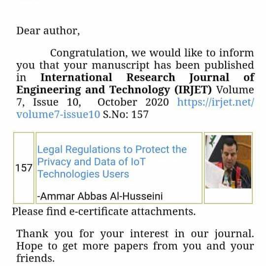 نشر (الاستاذ الدكتور عمار عباس الحسيني) في قسم القانون بحثاً قانونياً ( باللغة الانكليزية )