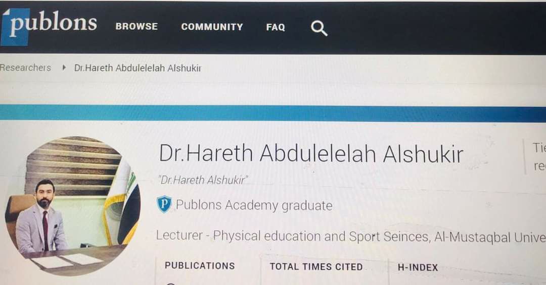 تدريسي من كلية المستقبل الجامعة يحصل على إعتمادية موقع Publons كمقيم للبحوث