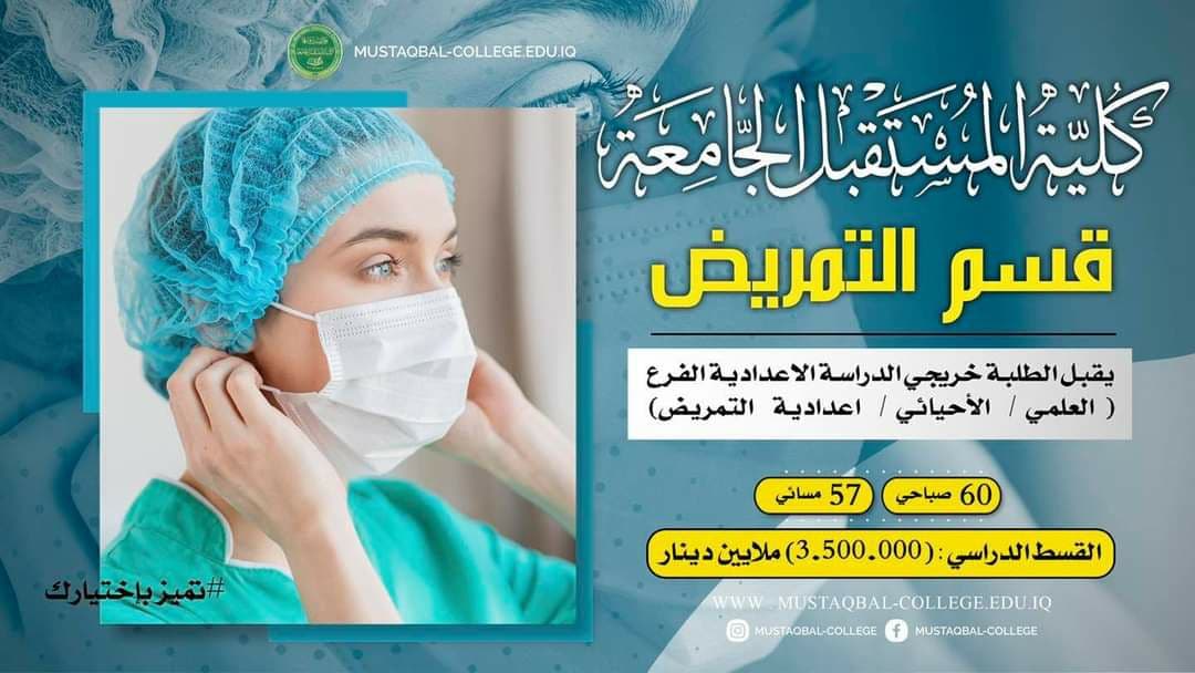 تمت موافقة وزارة التعليم العالي على فتح قسم التمريض  في كلية المستقبل الجامعة للعام الدراسي 2020-2021 . 