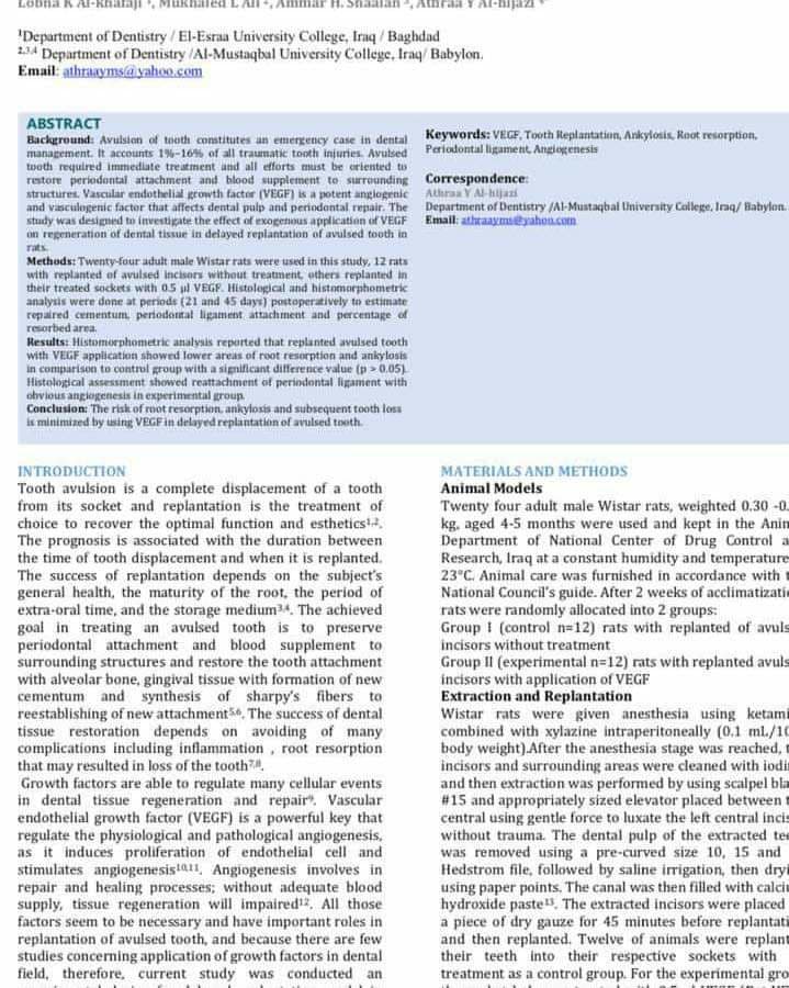 الاستاذ الدكتور عذراء يحيى الحجازي رئيس قسم طب الاسنان في كلية المستقبل الجامعة تنشر بحوث متخصصة في مجلات عالمية ضمن سكوباس وتصنيف Q2&Q3 