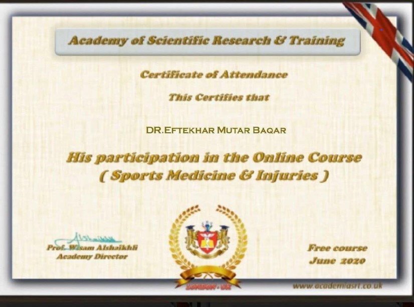 حصلت التدريسية في كلية المستقبل الجامعة قسم التربية البدنية وعلوم الرياضة  م.د افتخار مطر باقر على شهادة مشاركة من الاكاديمية العلمية للبحث والتدريب - لندن 