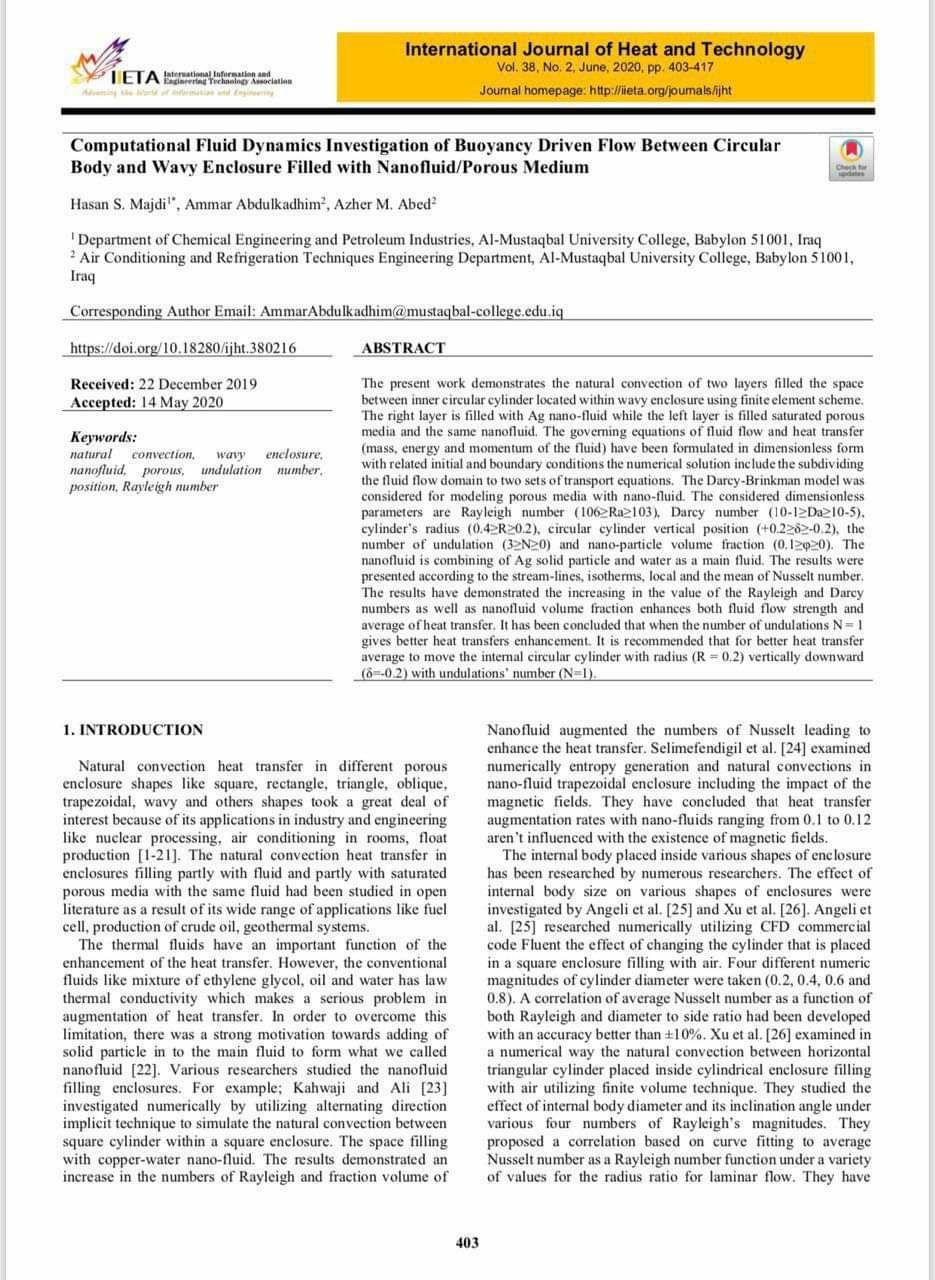 للفريق البحثي لقسم هندسة تقنيات التكييف والتبربد يواصل النشر العلمي 