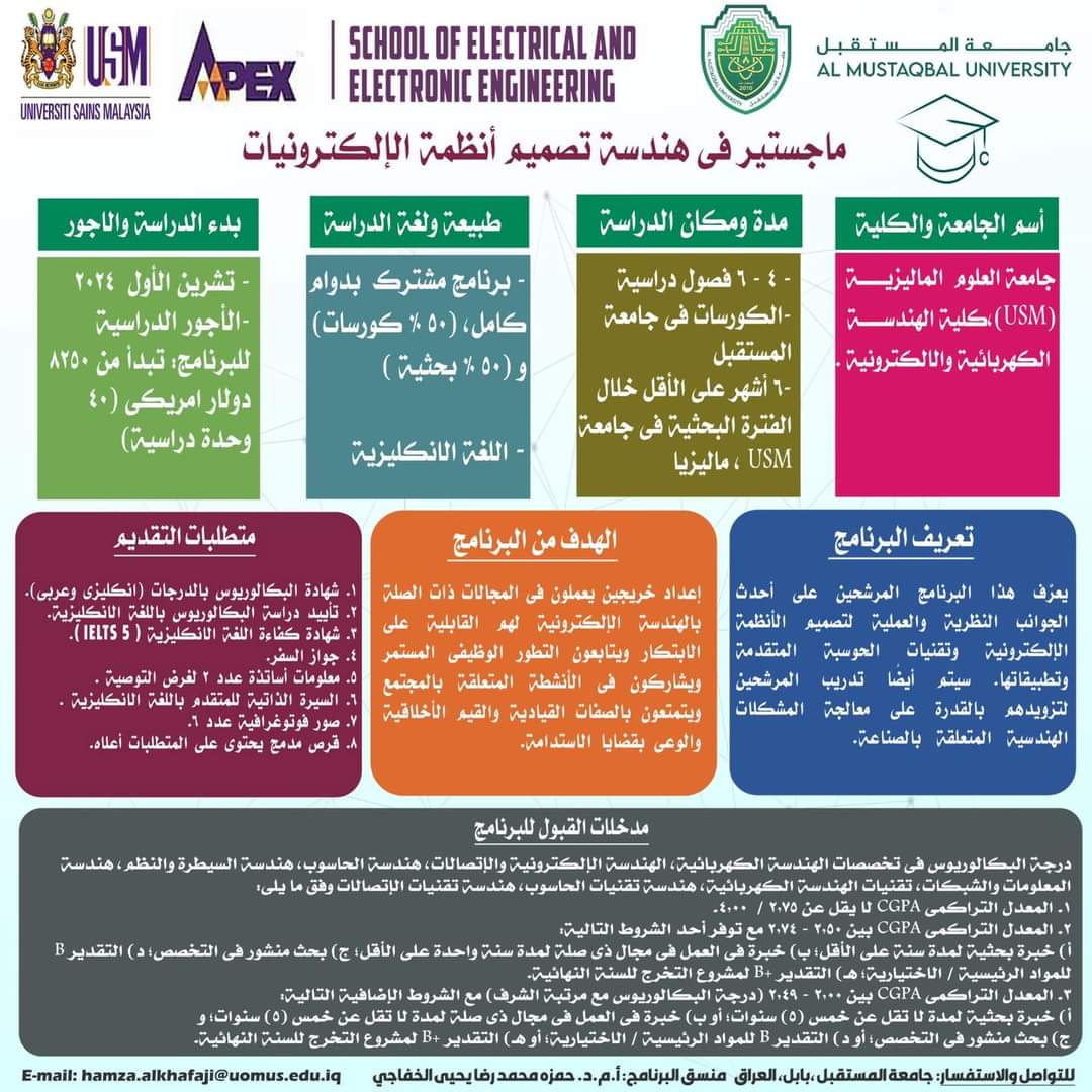 جامعة المستقبل: تطلق رابط الراغبين بالتقديم على برنامج ماجستير "هندسة تصميم أنظمة الإلكترونيات" لجامعة USM الماليزية للعام الدراسي ٢٠٢٤ / ٢٠٢٥