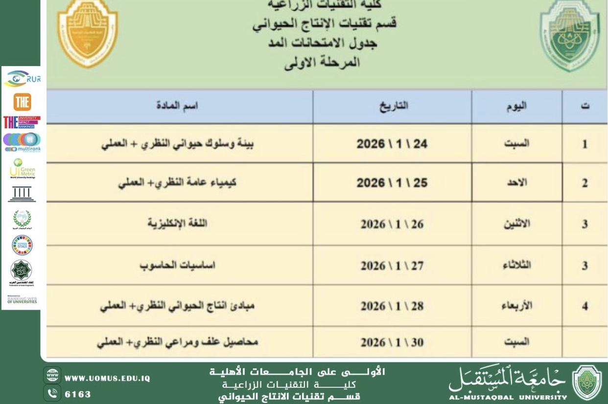 إعلان جدول امتحانات منتصف الفصل الدراسي لطلبة المرحلة الأولى – قسم الإنتاج الحيواني