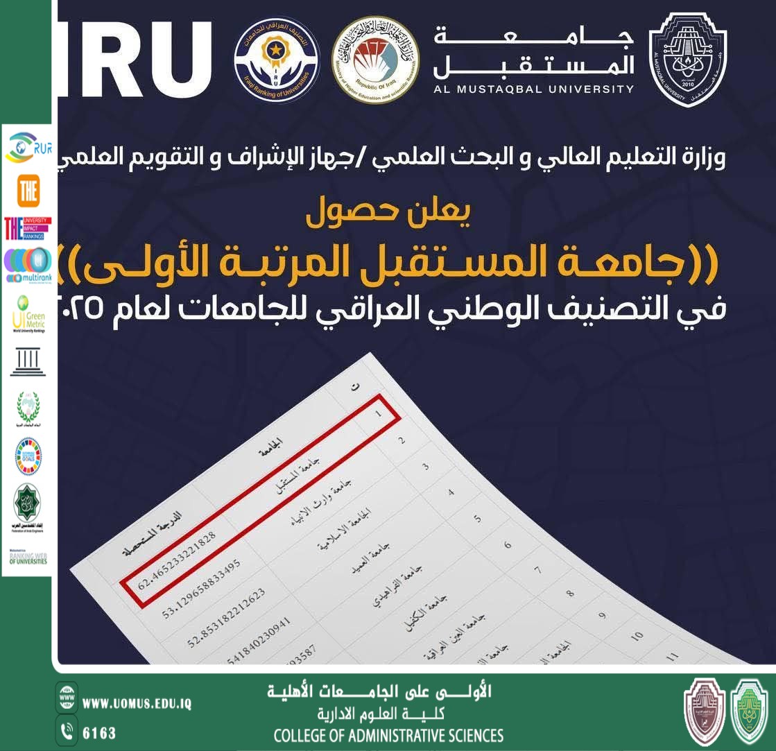 وزارة التعليم العالي تعلن حصول جامعة المستقبل على المرتبة الأولى في التصنيف الوطني العراقي لعام 2025