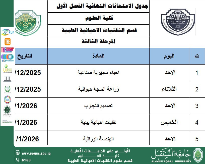 أعلن قسم التقنيات الأحيائية الطبية في كلية العلوم عن جدول امتحانات الفاينل لطلبة المرحلة الثالثة للعام الدراسي 2025–2026،