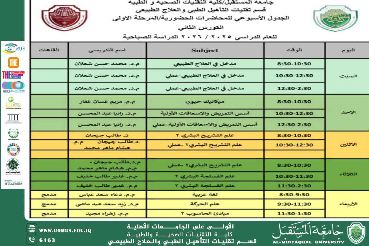 إعلان من رئاسة قسم تقنيات التأهيل الطبي والعلاج الطبيعي لطلاب المرحلة الأولى بخصوص الجدول الأسبوعي للمحاضرات