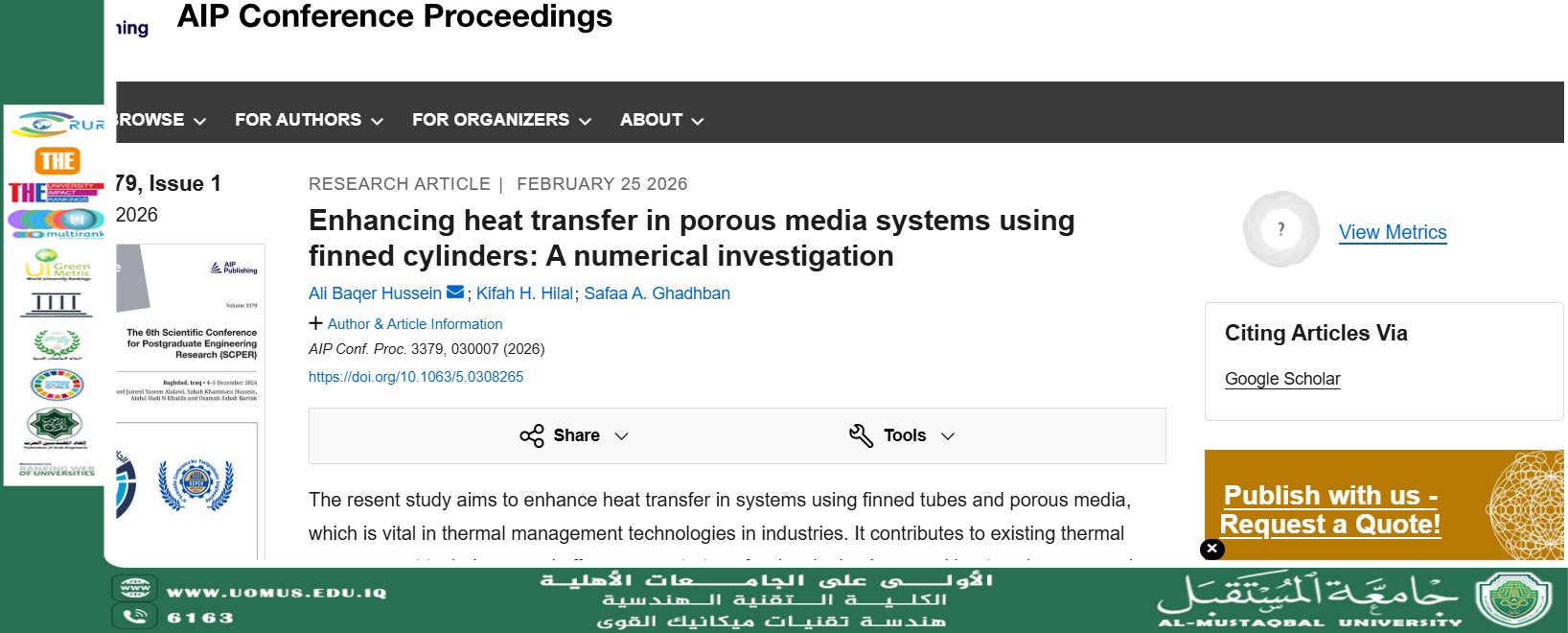 تدريسي ينشر بحثا ضمن مجريات مؤتمر AIP