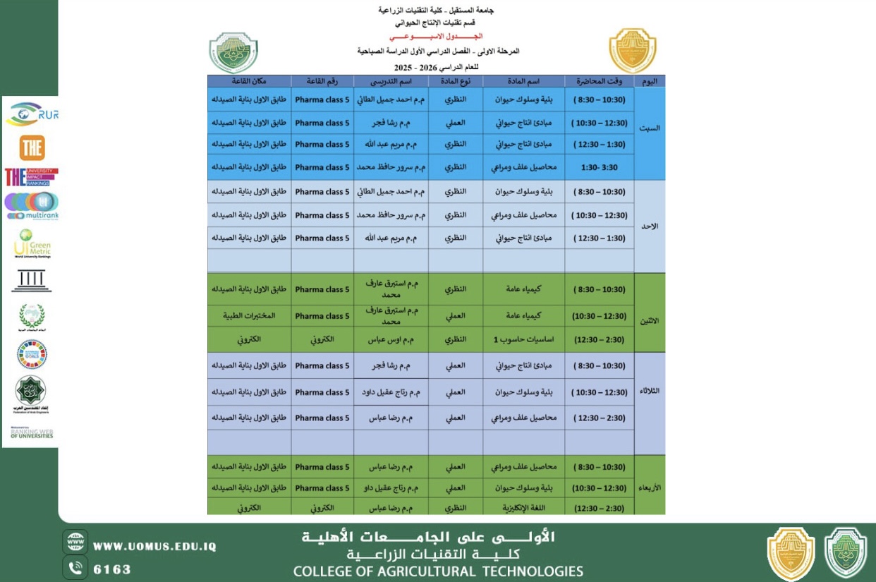 إعلان جدول المحاضرات الأسبوعية للمرحلة الأولى – الدراسة الصباحية
