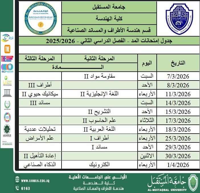 جدول امتحانات نصف الفصل الثاني 2025_2026