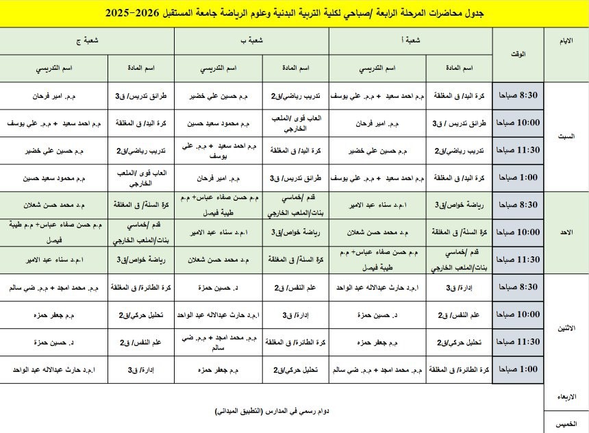 جدول الدروس الاسبوعي المرحلة الرابعة / صباحي