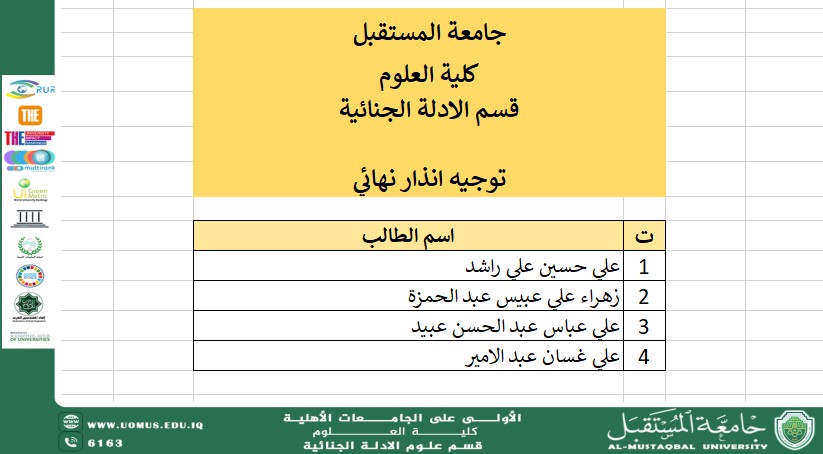 إصدار الإنذار النهائي لطلبة قسم الأدلة الجنائية – المرحلة الثانية للعام الدراسي 2025-2026 مع التركيز على أهداف التنمية المستدامة