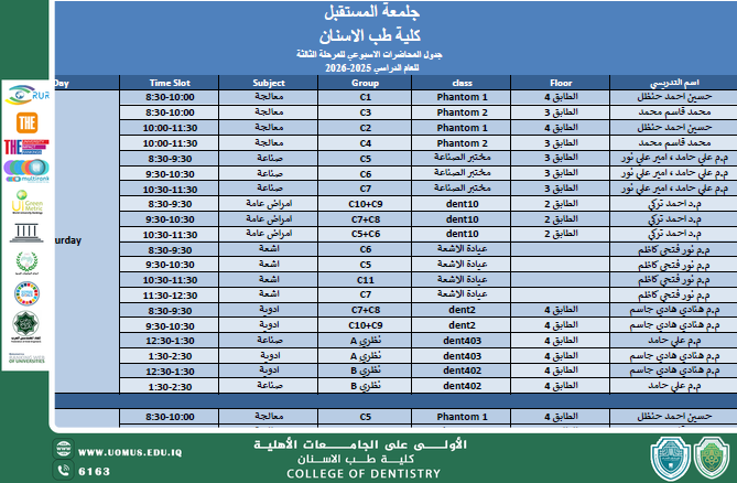 الجدول الاسبوعي للمرحلة الثالثة