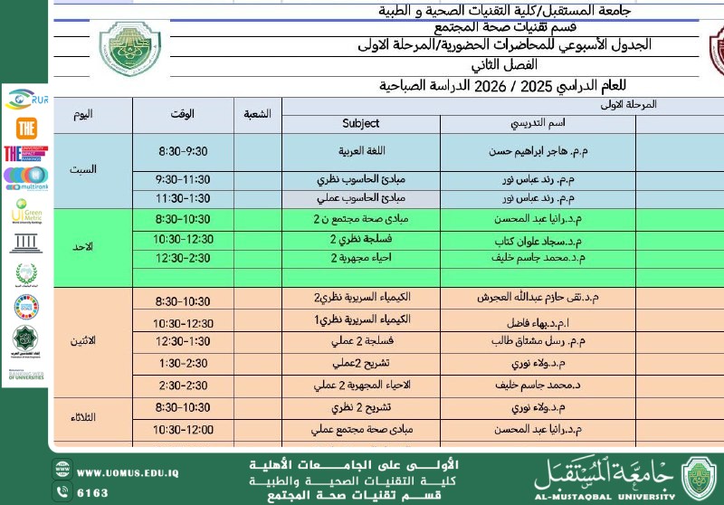 إعلان جدول المرحلة الأولى – الكورس الثاني لقسم تقنيات صحة المجتمع