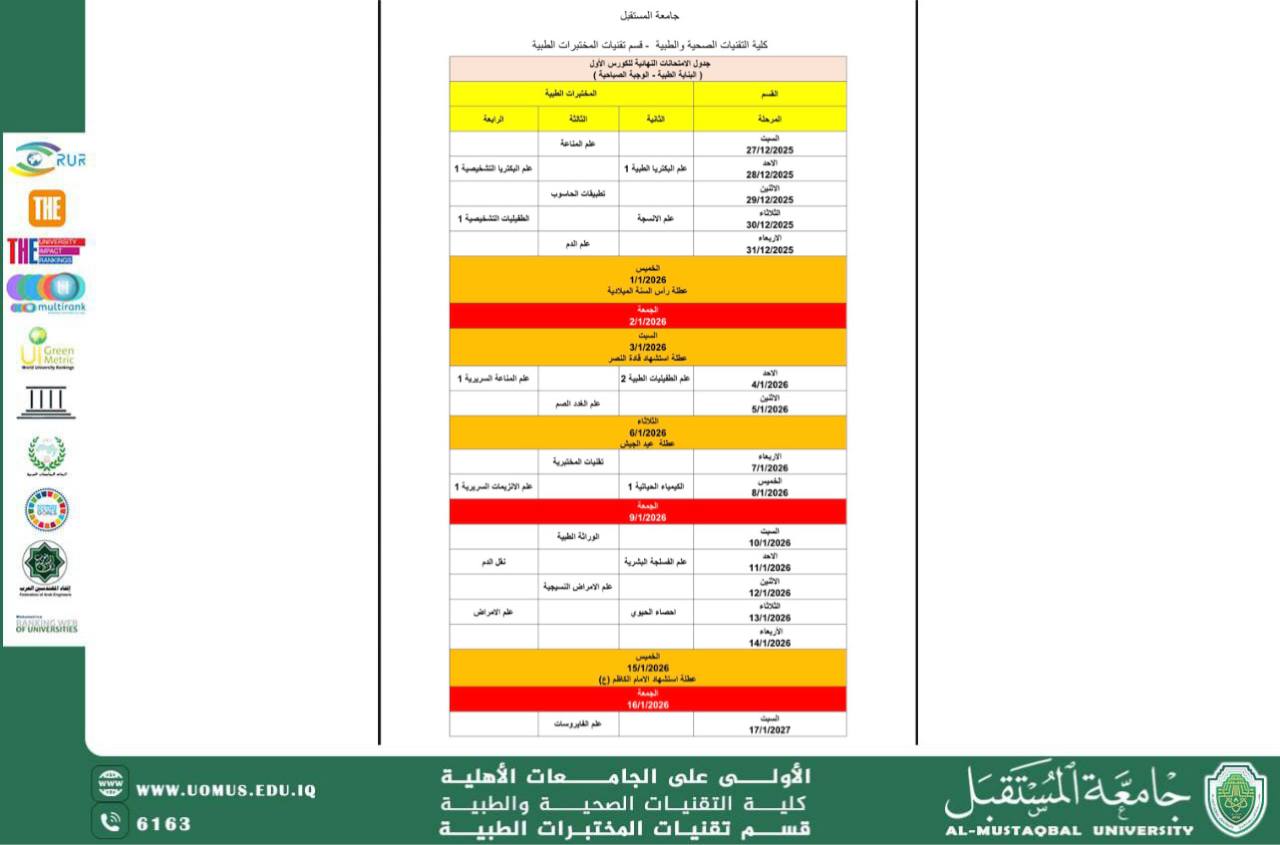 جدول امتحانات الفاينل الكورس الاول للمراحل الثانية والثالثة والرابعة