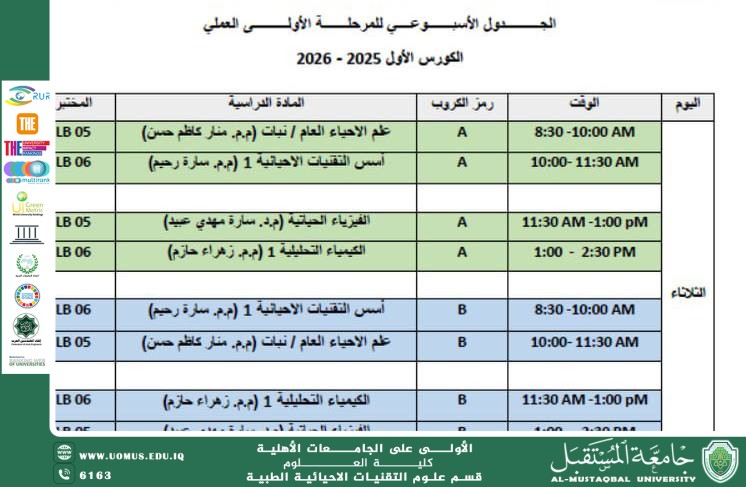 إعلان الجدول الأسبوعي العملي لطلبة المرحلة الأولى – قسم التقنيات الأحيائية الطبية