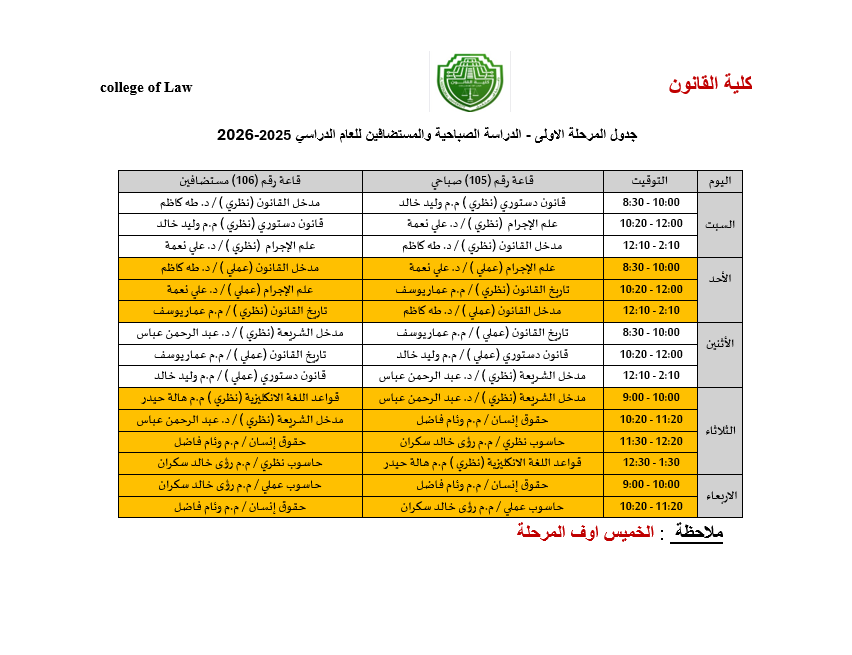 جدول المرحلة الاولى - الدراسة الصباحية والمستضافين والمسائي للعام الدراسي 2025-2026