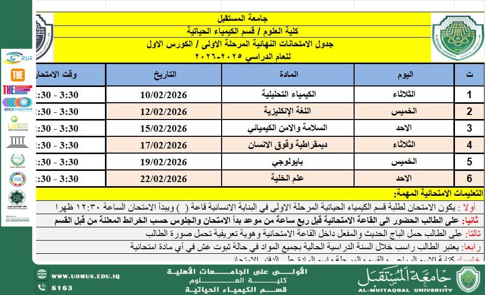 Announcement of the Final Examination Schedule First Semester – First-Year Students Department of Biochemistry