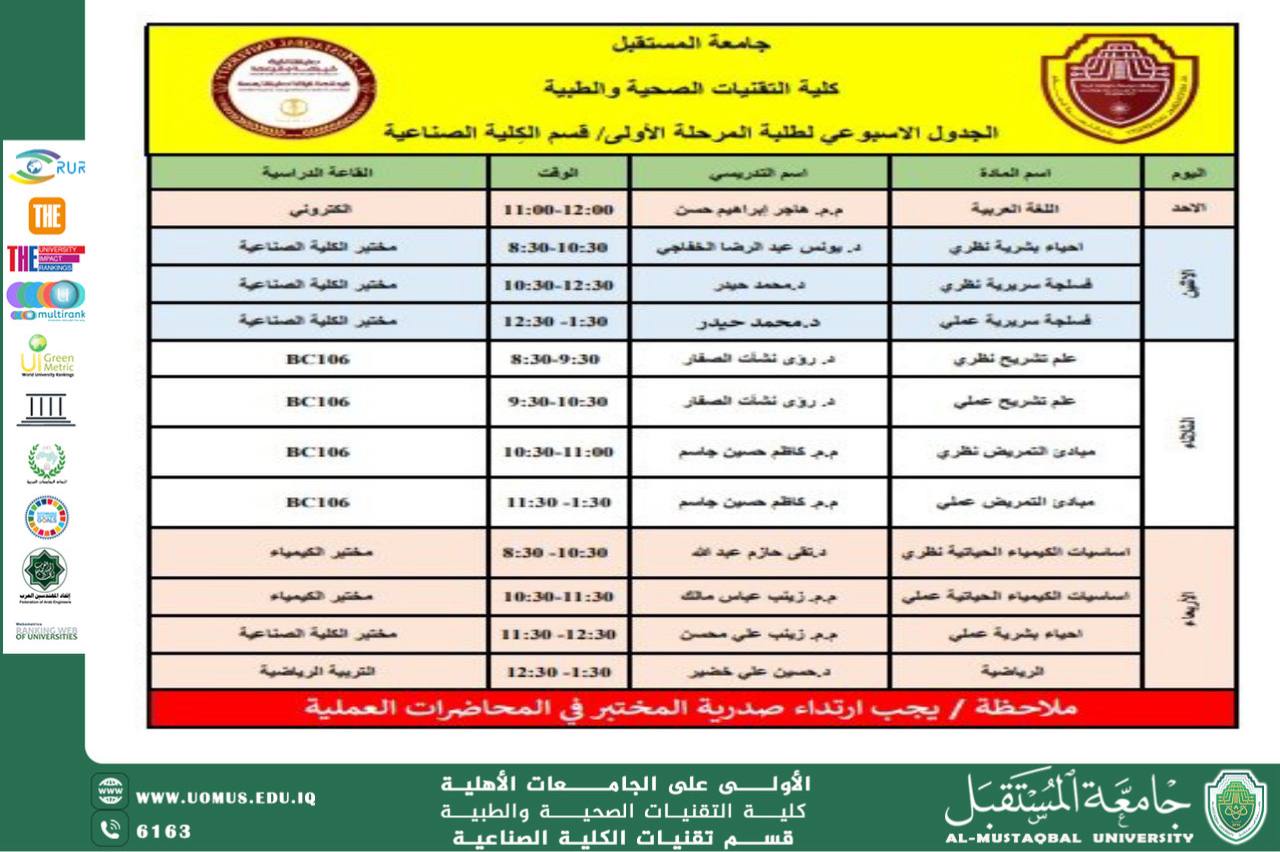 The Department of  kidney dialysis Techniques Announces the Updated Weekly Lecture Schedule for First-Year Students