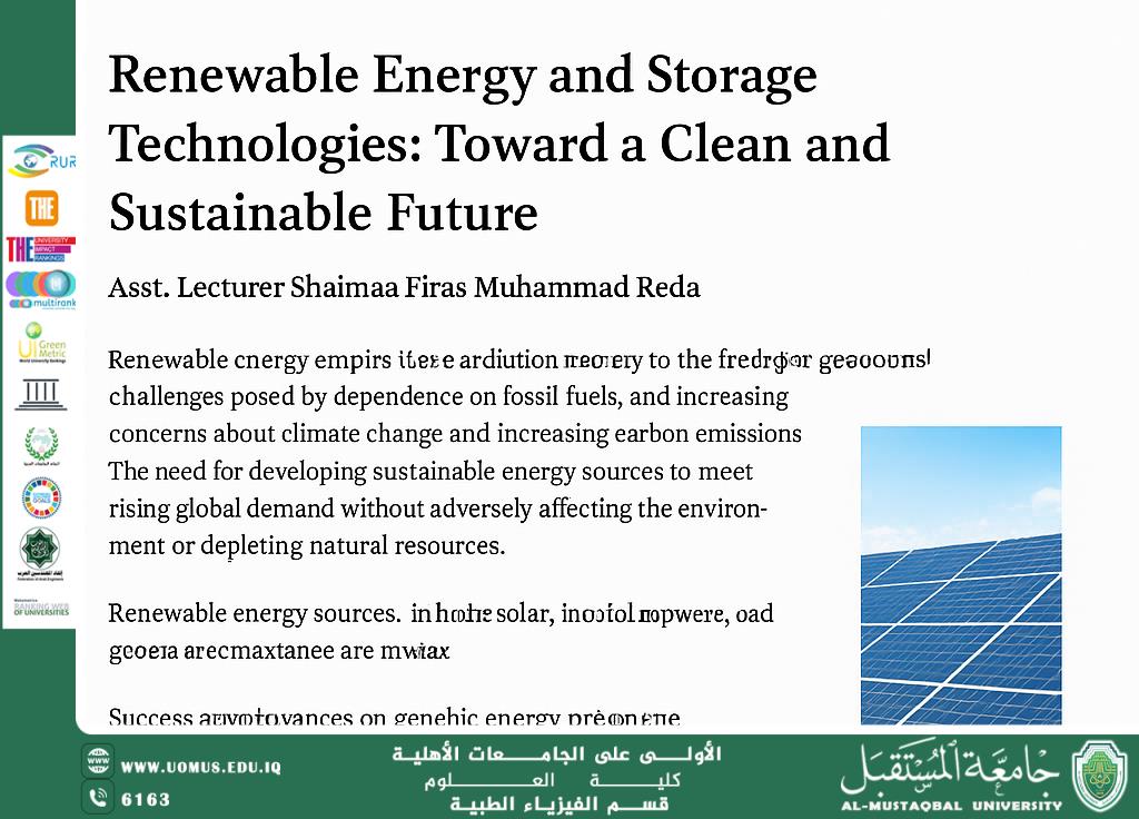 Renewable Energy and Storage Technologies: Toward a Clean and Sustainable Future  By: Asst. Lecturer Shaimaa Firas Muhammad Reda