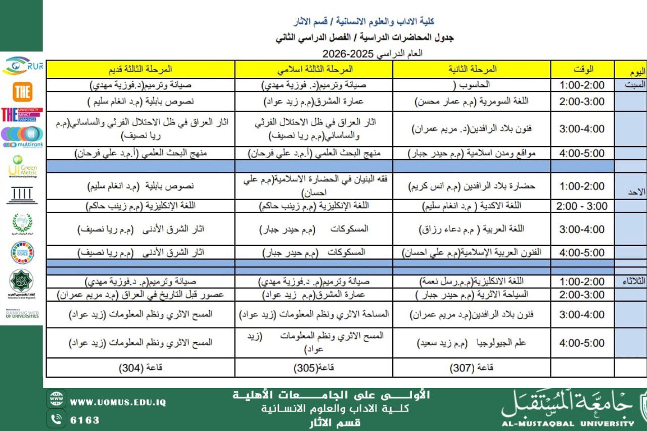 يعلن قسم الآثار في جامعة المستقبل عن نشر جدول محاضرات الكورس الثاني للعام الدراسي الحالي.