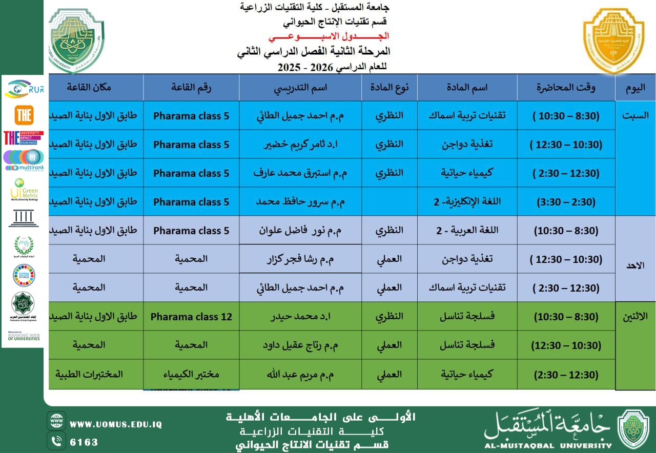 إعلان جدول المحاضرات الأسبوعية للمرحلة الثانية