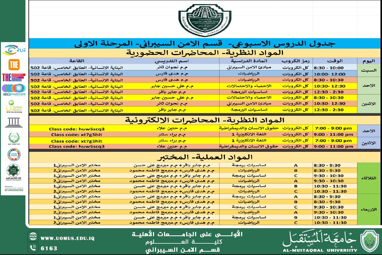 نرفق لكم الجدول الاسبوعي لطلبة المرحلة الأولى، نرجو من جميع الطلبة الاطلاع عليه بدقة والالتزام بالمواعيد المحددة للمحاضرات النظرية والعملية.