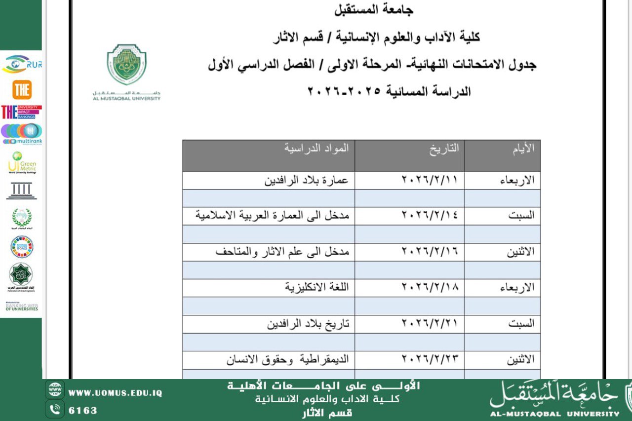يعلن قسم الآثار في جامعة المستقبل عن نشر جدول امتحانات المرحلة الأولى.