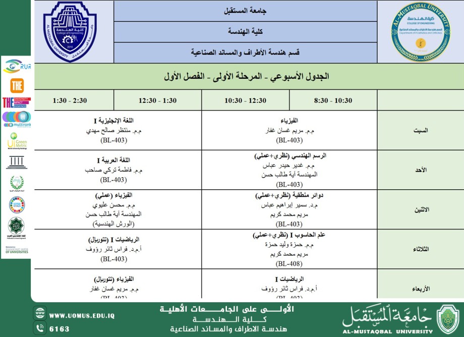جدول محاضرات المرحلة الاولى للفصل الاول بعد التعديل