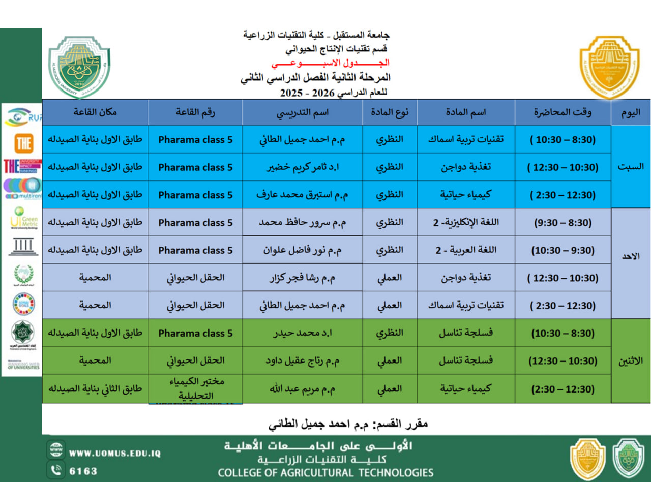 إعلان قسم تقنيات الإنتاج الحيواني الجدول الاسبوعي الفصل الثاني المرحلة الثانية