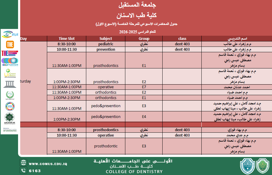 الجدول الاسبوعي للمرحلة الخامسة