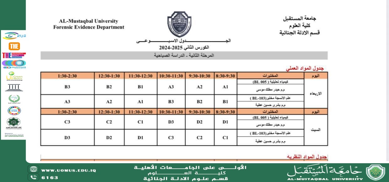 جدول المحاضرات الأسبوعي لطلبة قسم الأدلة الجنائية – المرحلة الثانية خلال فترة امتحانات المرحلة الأولى (2025-2026)