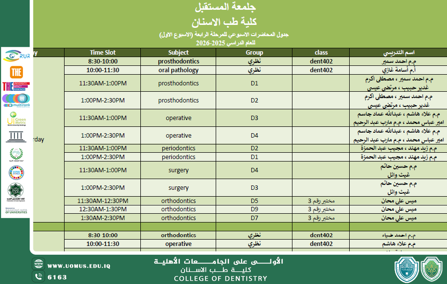 الجدول الاسبوعي للمرحلة الرابعة