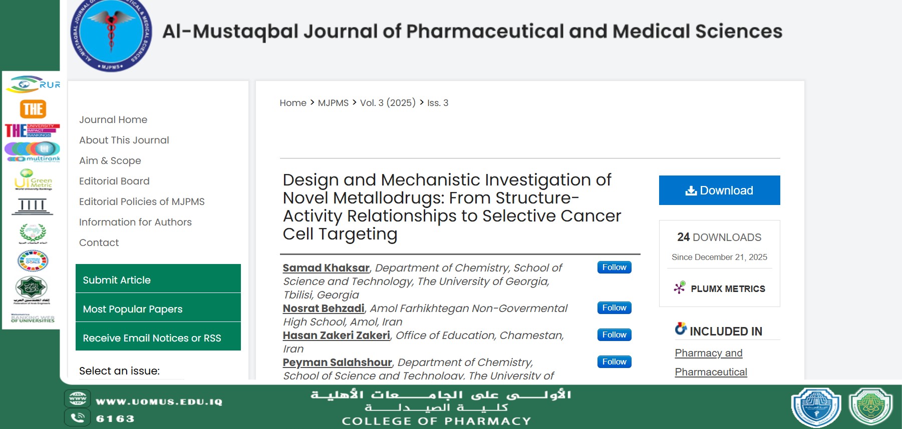 نشر بحث علمي في مجلة المستقبل للعلوم الصيدلانية والطبية