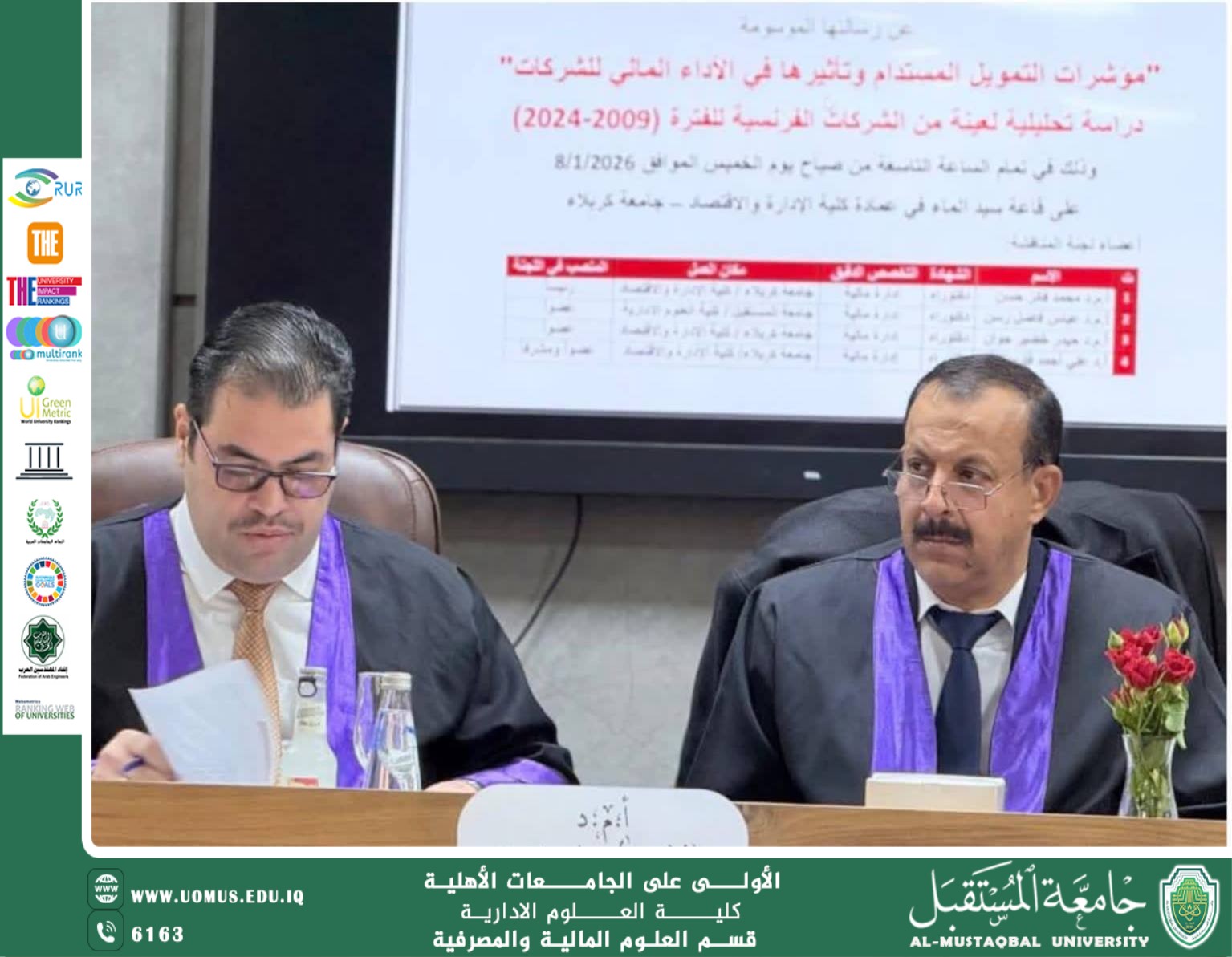 تدريسي في العلوم المالية والمصرفية – جامعة المستقبل يشارك في لجنة مناقشة رسالة ماجستير.