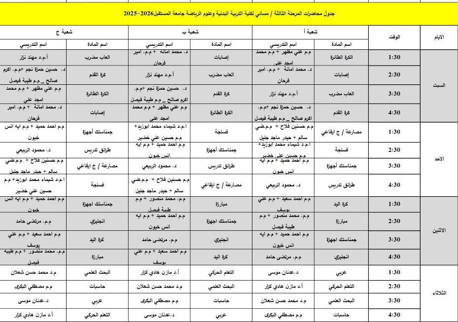 جدول الدروس الاسبوعي المرحلة الثالثة  / مسائي