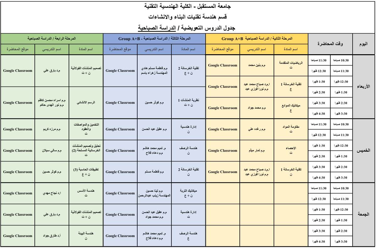 جدول المحاضرات الالكترونية التعويضية للدراسة الصباحية