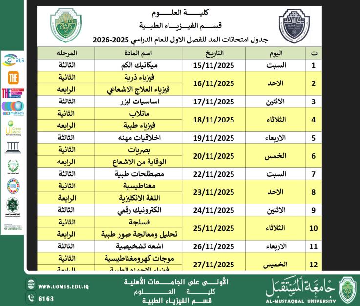 Announcement of the First-Semester Final Examination Schedule for Medical Physics Students – 2025–2026