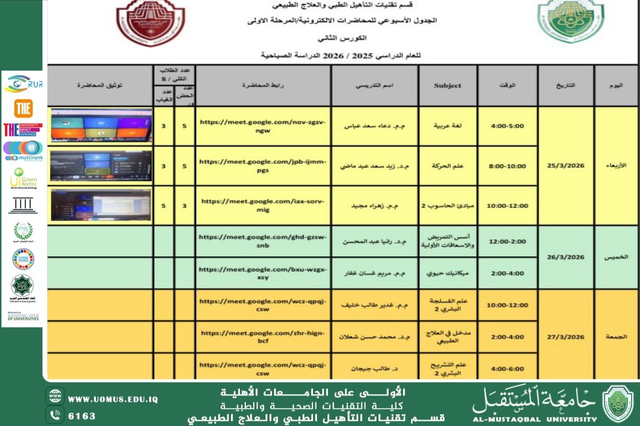 إعلان عن الجدول الإلكتروني لقسم التأهيل والعلاج الطبيعي في جامعة المستقبل .
