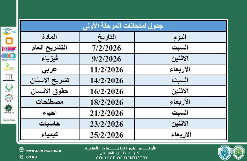 جدول امتحانات نصف السنة للعام الدراسي 2025-2026 للمرحلة الاولى