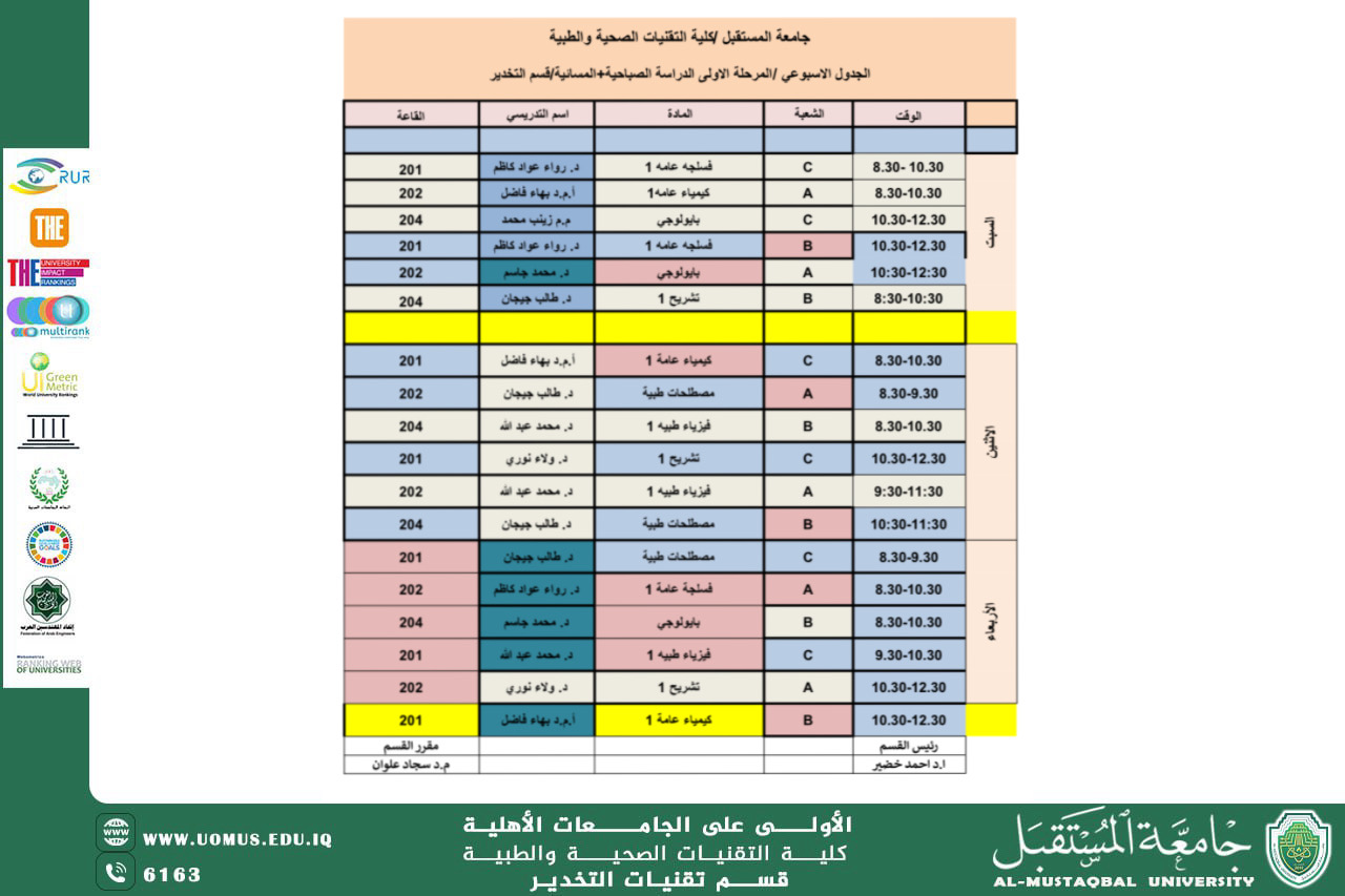 Weekly Theoretical Lecture Schedule – First Semester, First-Year Students