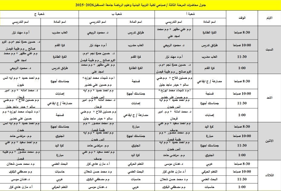 جدول الدروس الاسبوعي المرحلة الثالثة  / صباحي