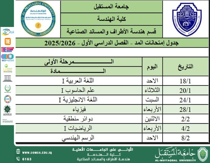 جدول امتحانات النصف الاول للفصل الاول للمرحلة الاولى